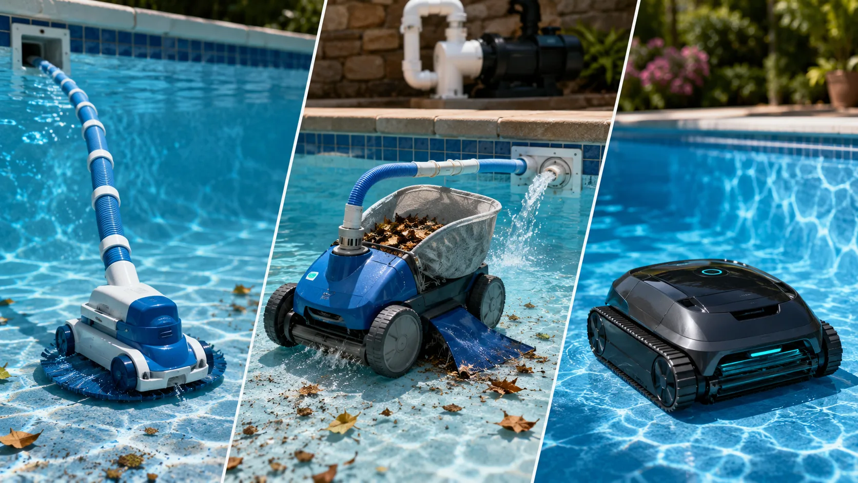 Three types of automatic pool cleaners robotic suction and pressure side by side