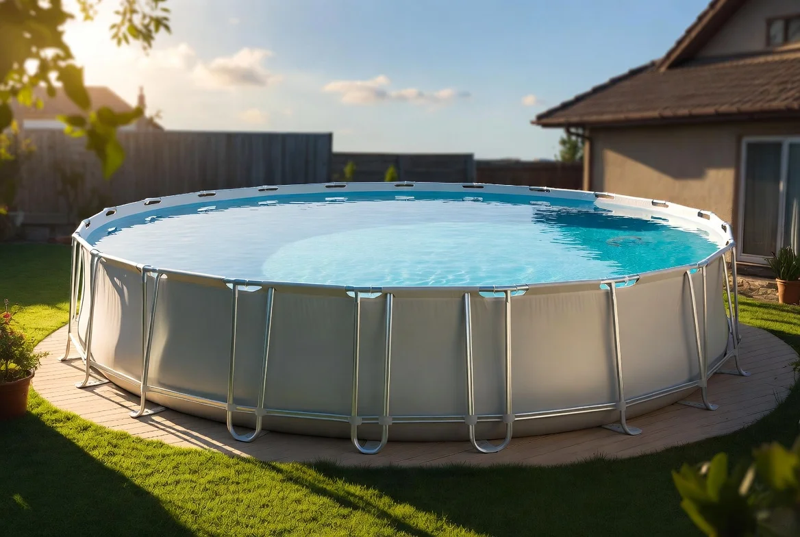 Round above-ground steel frame pool installed in a backyard
