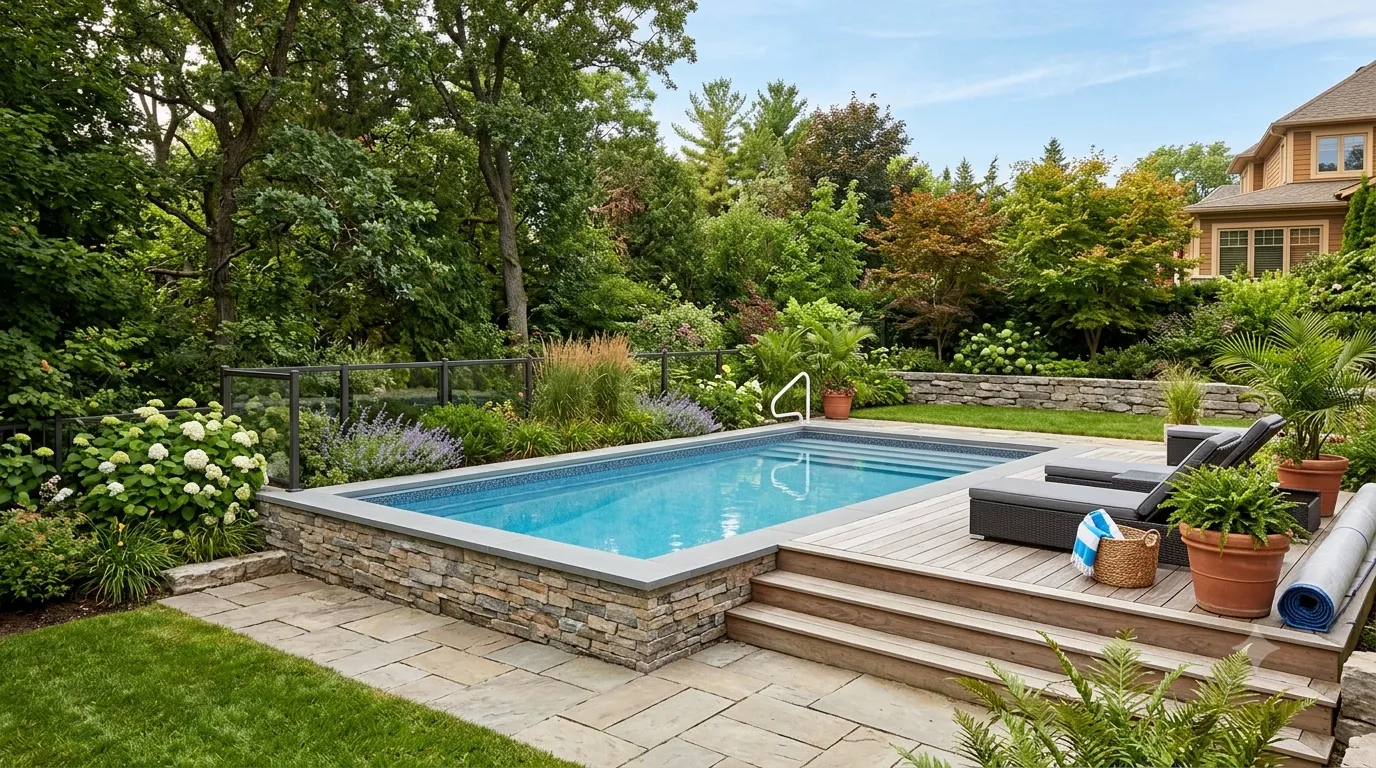 Piscine semi-enterrée partiellement enfouie sur un jardin en pente avec mur de soutènement et terrasse