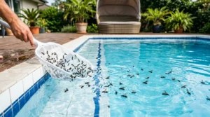 Pool net skimming drowned flying ants from water surface