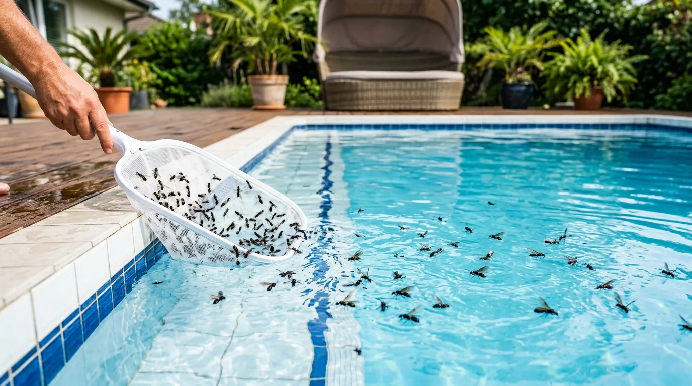 Pool net skimming drowned flying ants from water surface