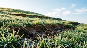 Dewy sloped lawn showing water erosion channel through soil