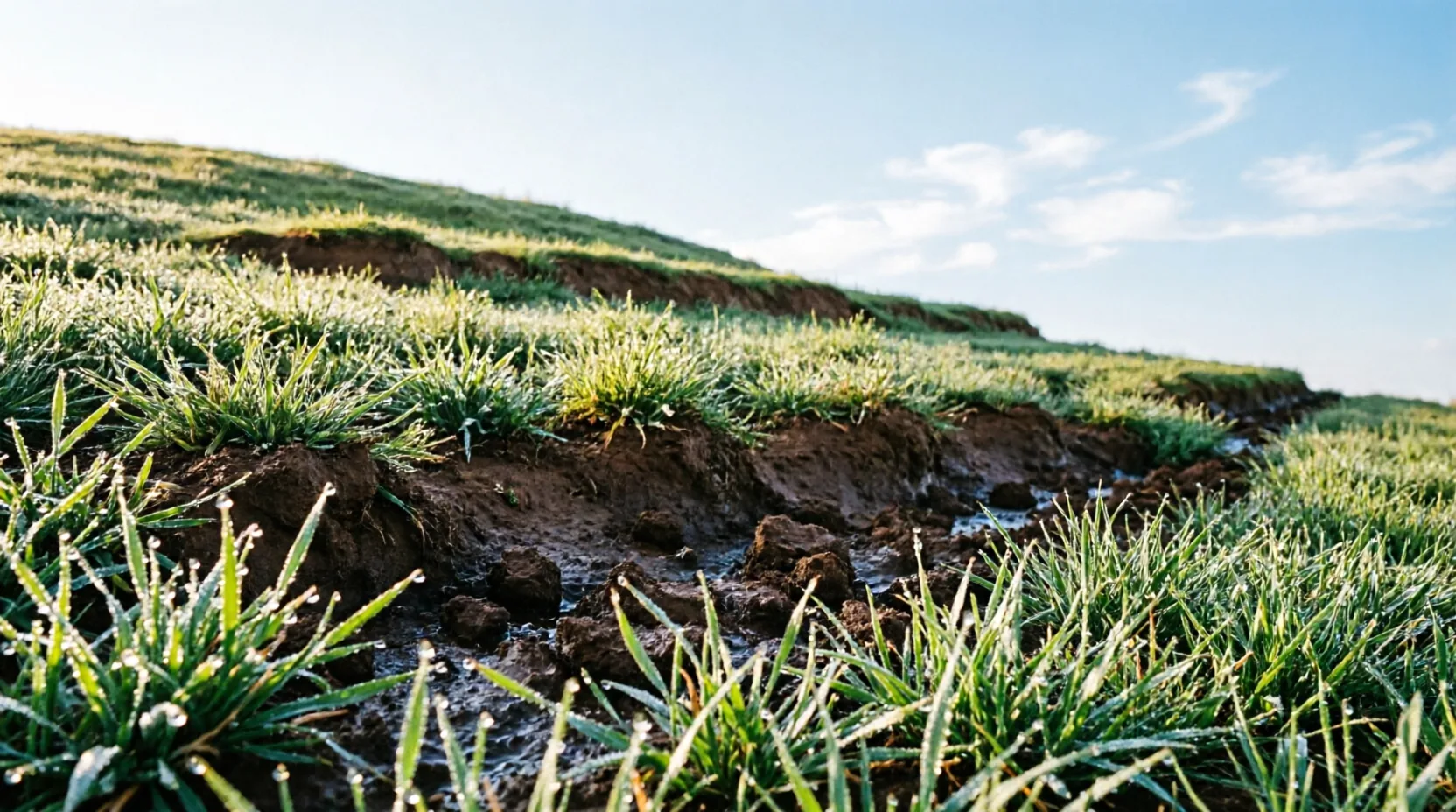 Dewy sloped lawn showing water erosion channel through soil
