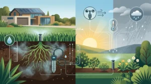 Illustration of smart irrigation sensors monitoring soil and weather