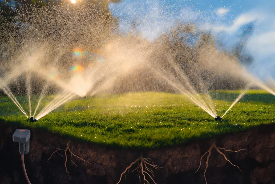 Smart irrigation sprinklers watering a lawn with visible roots