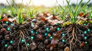 Soil cross section showing roots and glowing microbial particles