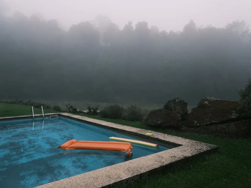 A serene outdoor pool surrounded by fog and lush greenery at dawn. Perfect for leisure and relaxation themes.