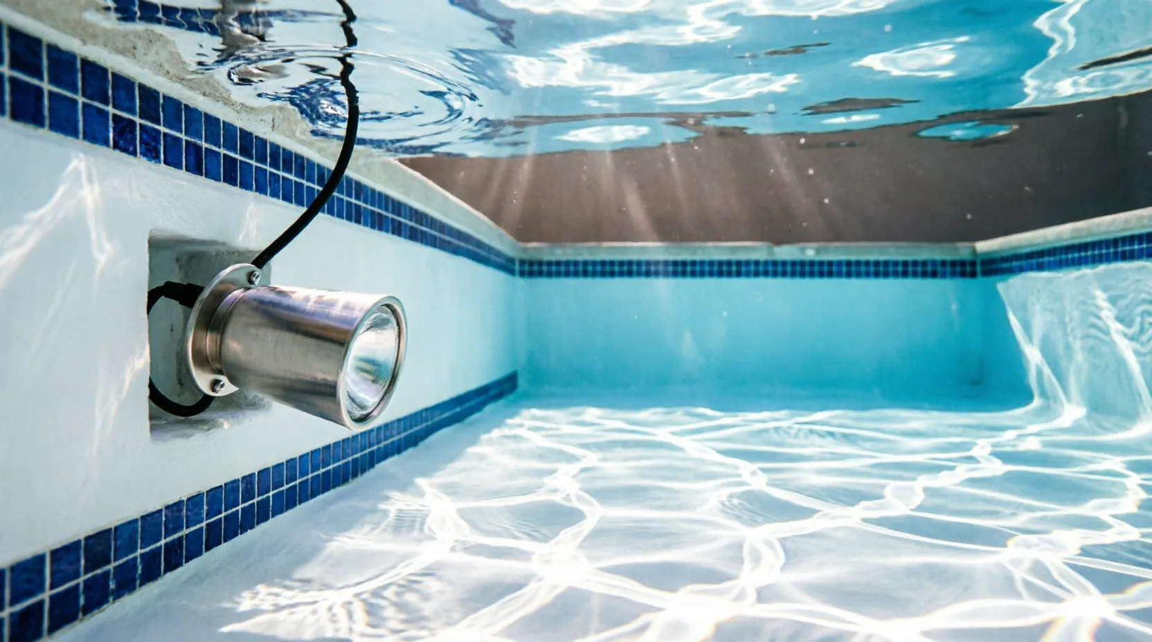 Underwater pool light fixture mounted in wall niche closeup