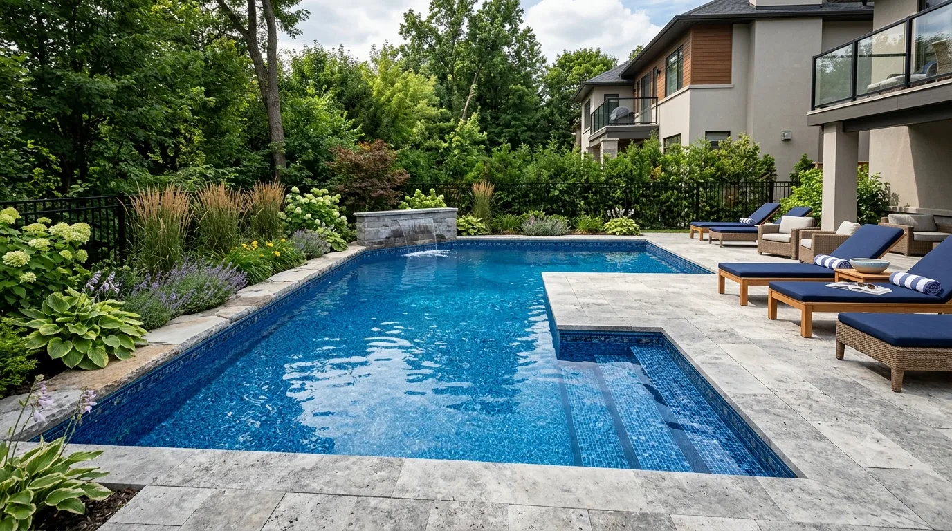 Piscine résidentielle à liner vinyle avec liner à motifs bleus et marches d'entrée blanches