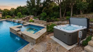 Attached pool spa beside a standalone backyard hot tub
