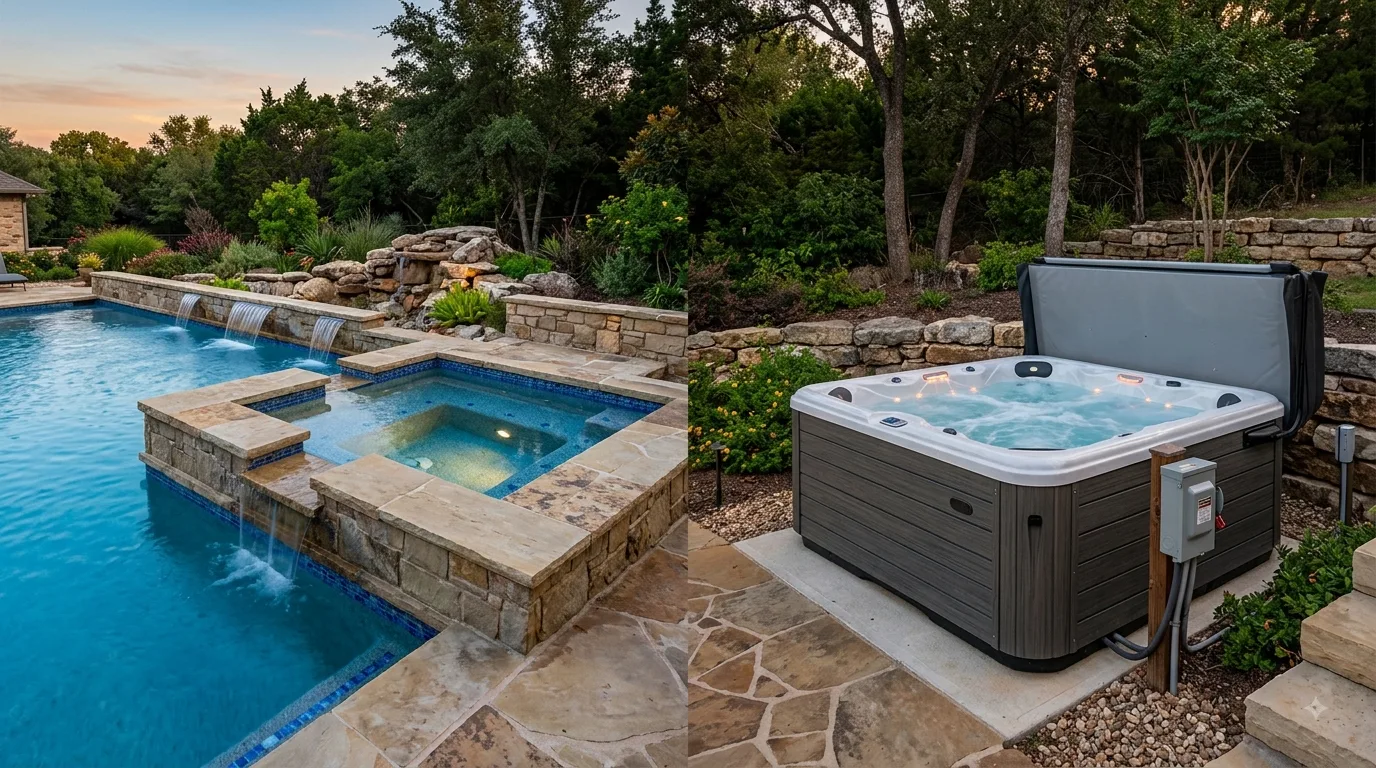 Attached pool spa beside a standalone backyard hot tub