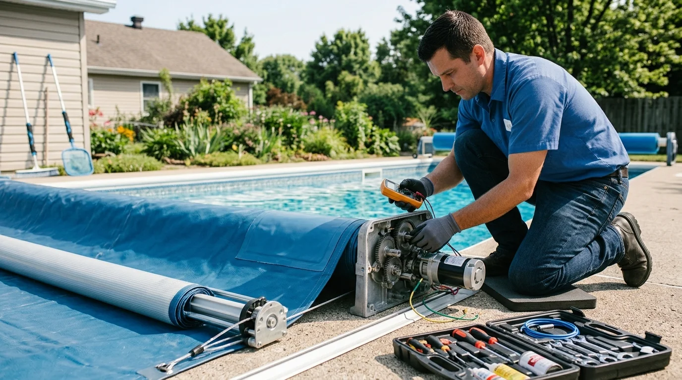 Automatic pool cover with track and reel system