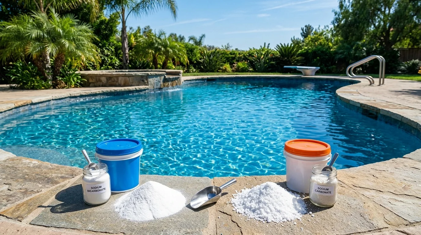 Scoops of white baking soda and soda ash powder