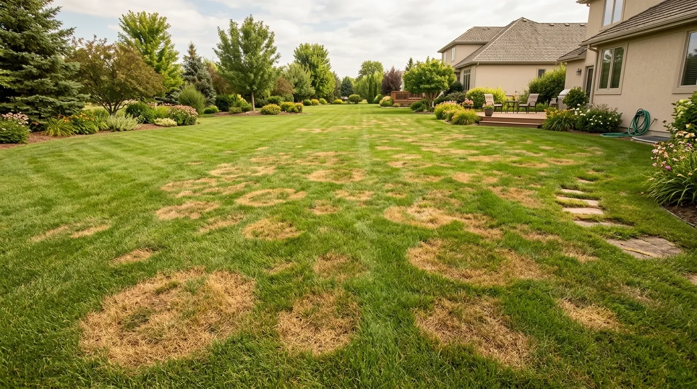 Brown dead spots of damaged grass across home lawn