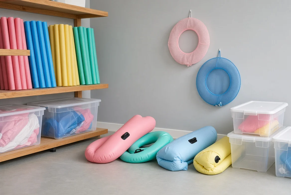 Clean dry inflatable pool floats ready for storage