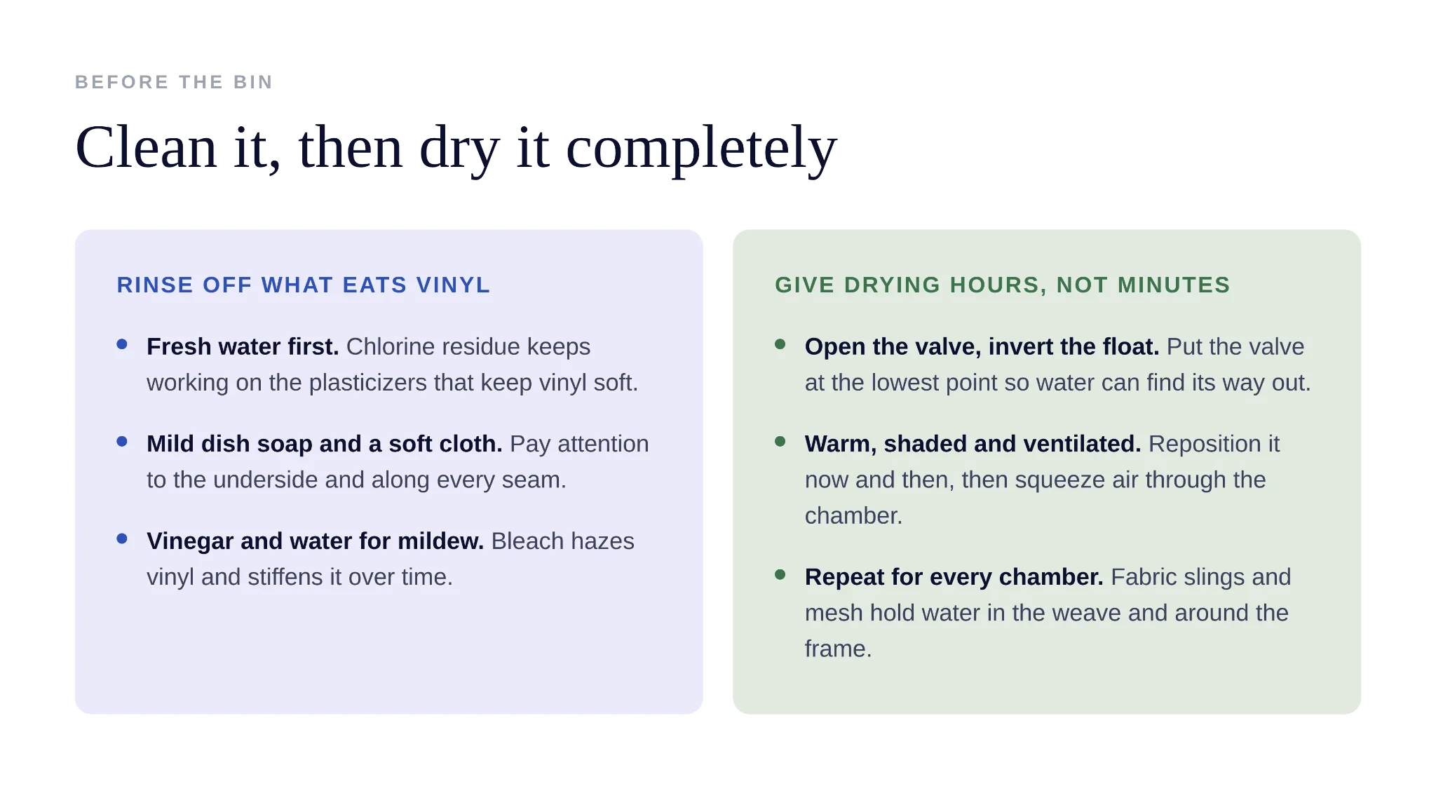 Infographic showing steps to clean and dry pool floats
