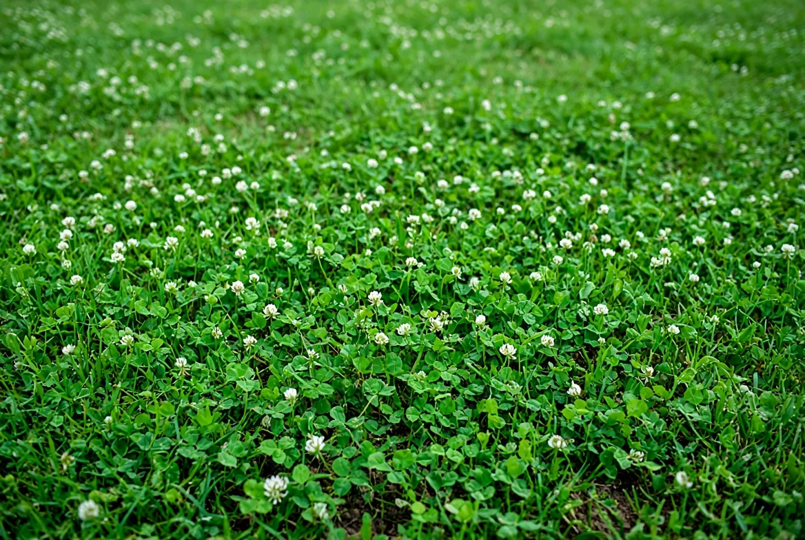 Lush clover lawn growing beside a traditional grass lawn