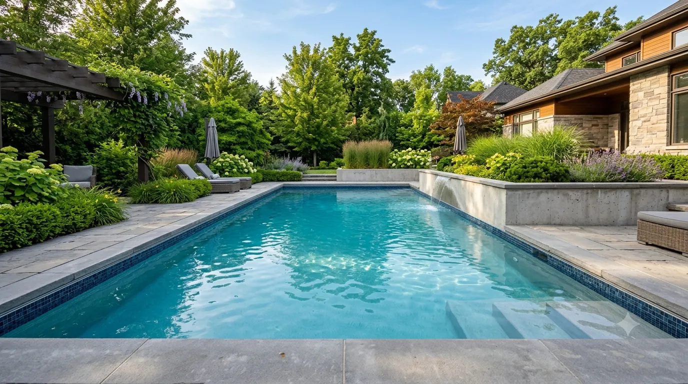 Custom concrete gunite swimming pool under construction with rebar framework and plumbing visible