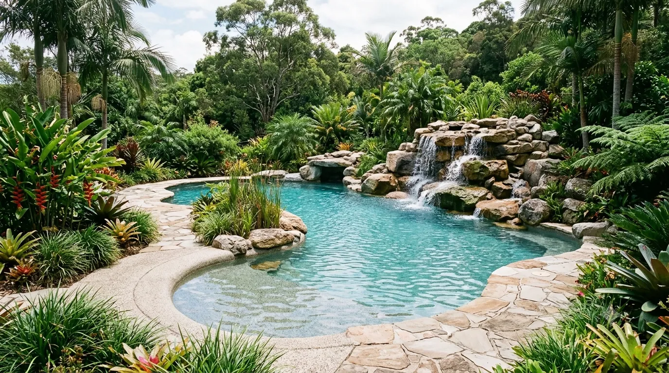 Curved organic freeform pool with rock waterfall feature and lush tropical landscaping surround