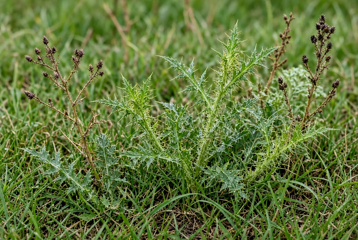 Lawn with prickly weeds and burs in grass