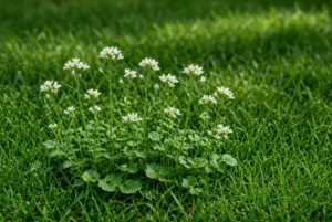 Hairy bittercress weeds scattered across a green lawn
