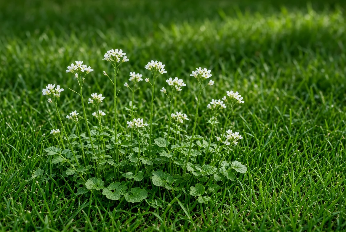 Hairy bittercress weeds scattered across a green lawn