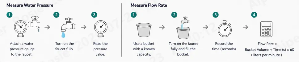 Illustration showing how to measure water flow rate using a bucket and timer at the outdoor faucet