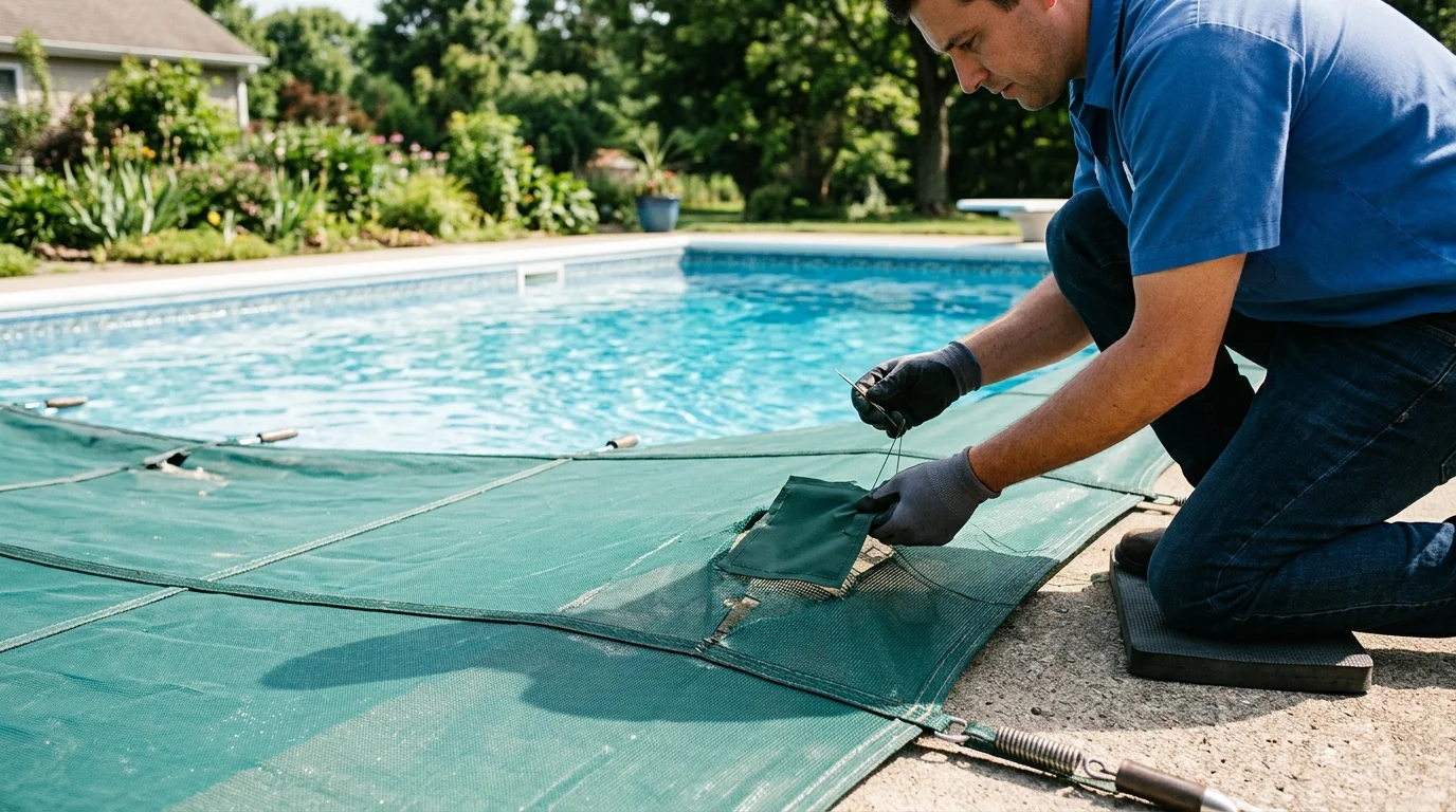 Mesh safety pool cover showing woven fabric texture