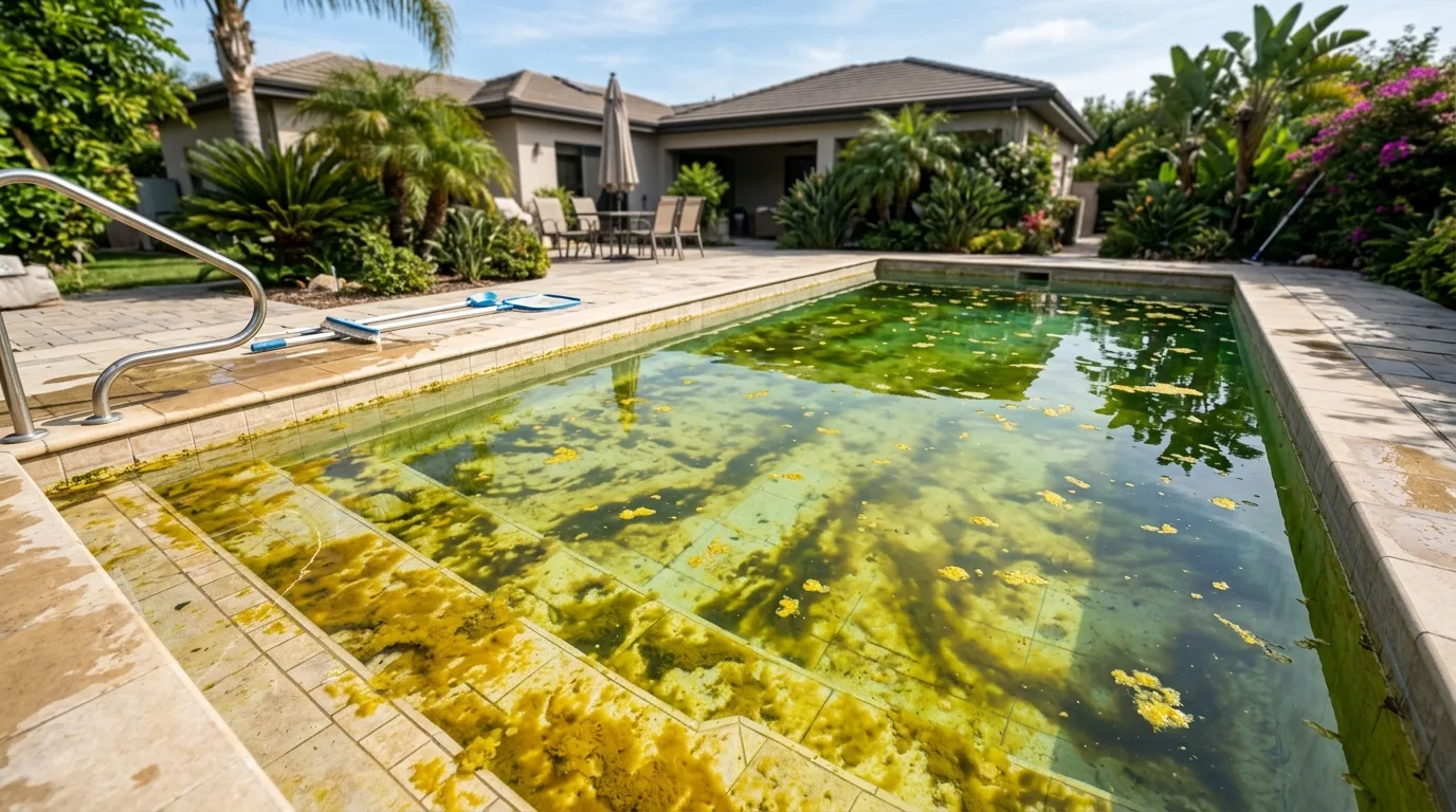 Mustard algae yellow patches forming on shaded pool wall