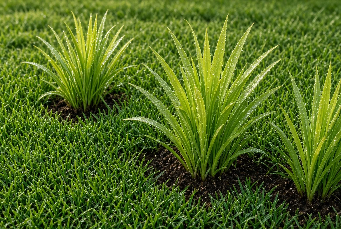Nutsedge weeds growing taller in a green lawn