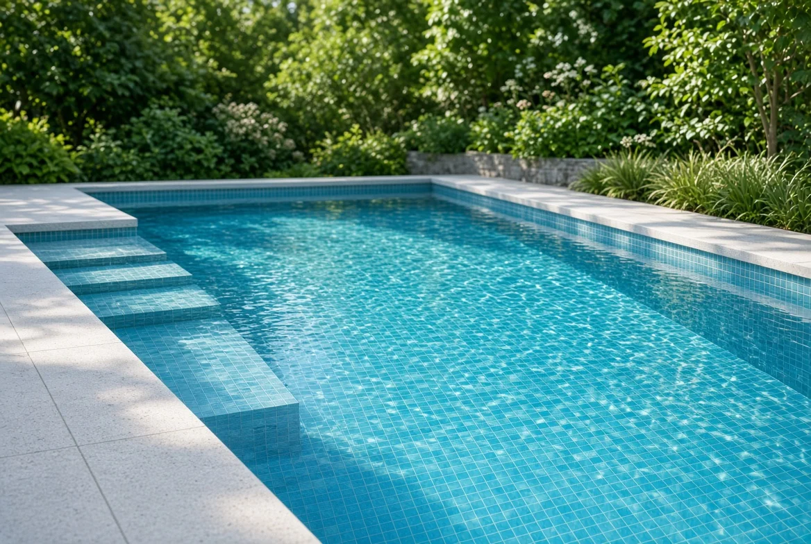 Outdoor swimming pool with clear blue water in backyard