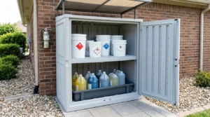 Pool chemical containers stored safely on an organized shelf
