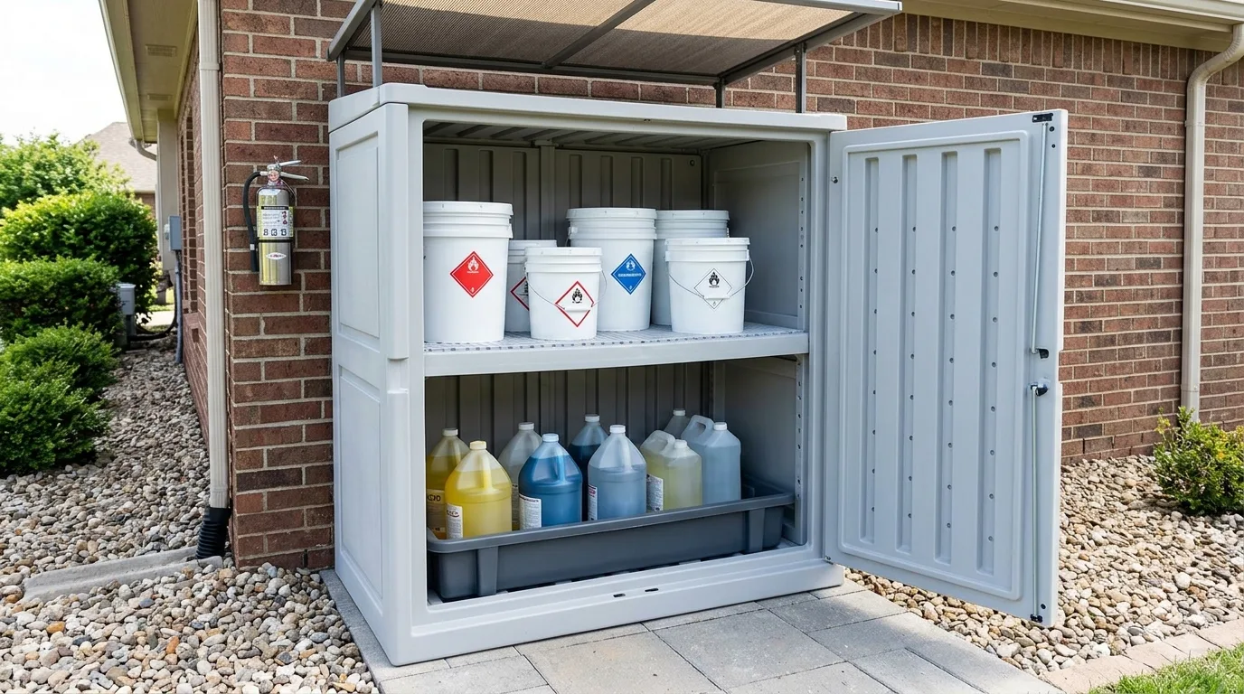 Pool chemical containers stored safely on an organized shelf