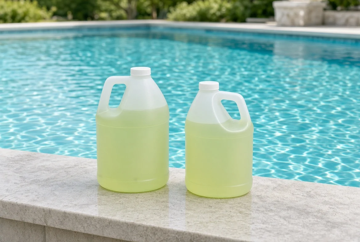Pool chlorine bottle compared with household bleach bottle