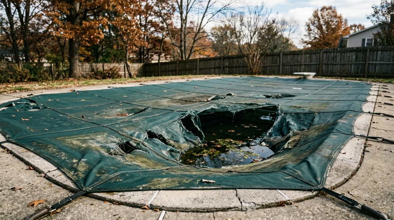 Damaged green pool cover with holes and dirty water
