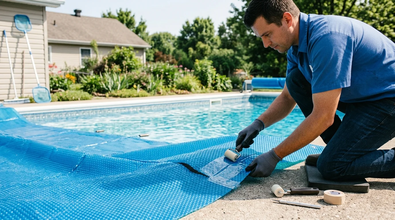 Floating solar pool cover with bubble texture detail