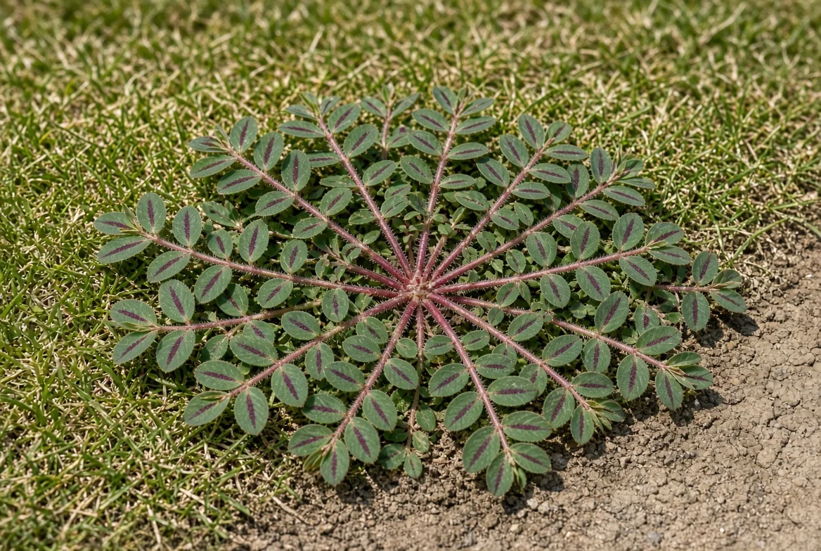 Spotted spurge weed mat spreading across sidewalk lawn edge