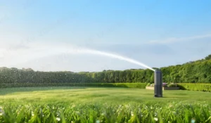 Sprinkler heads watering green home lawn during irrigation cycle