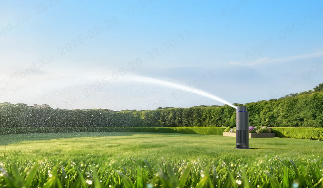 Sprinkler heads watering green home lawn during irrigation cycle