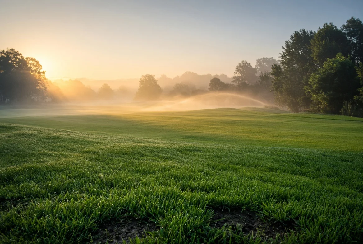 Sprinkler watering a lawn in the early morning