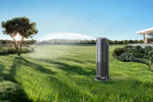Smart irrigation controller saving water and money on a residential lawn with cost breakdown overlay