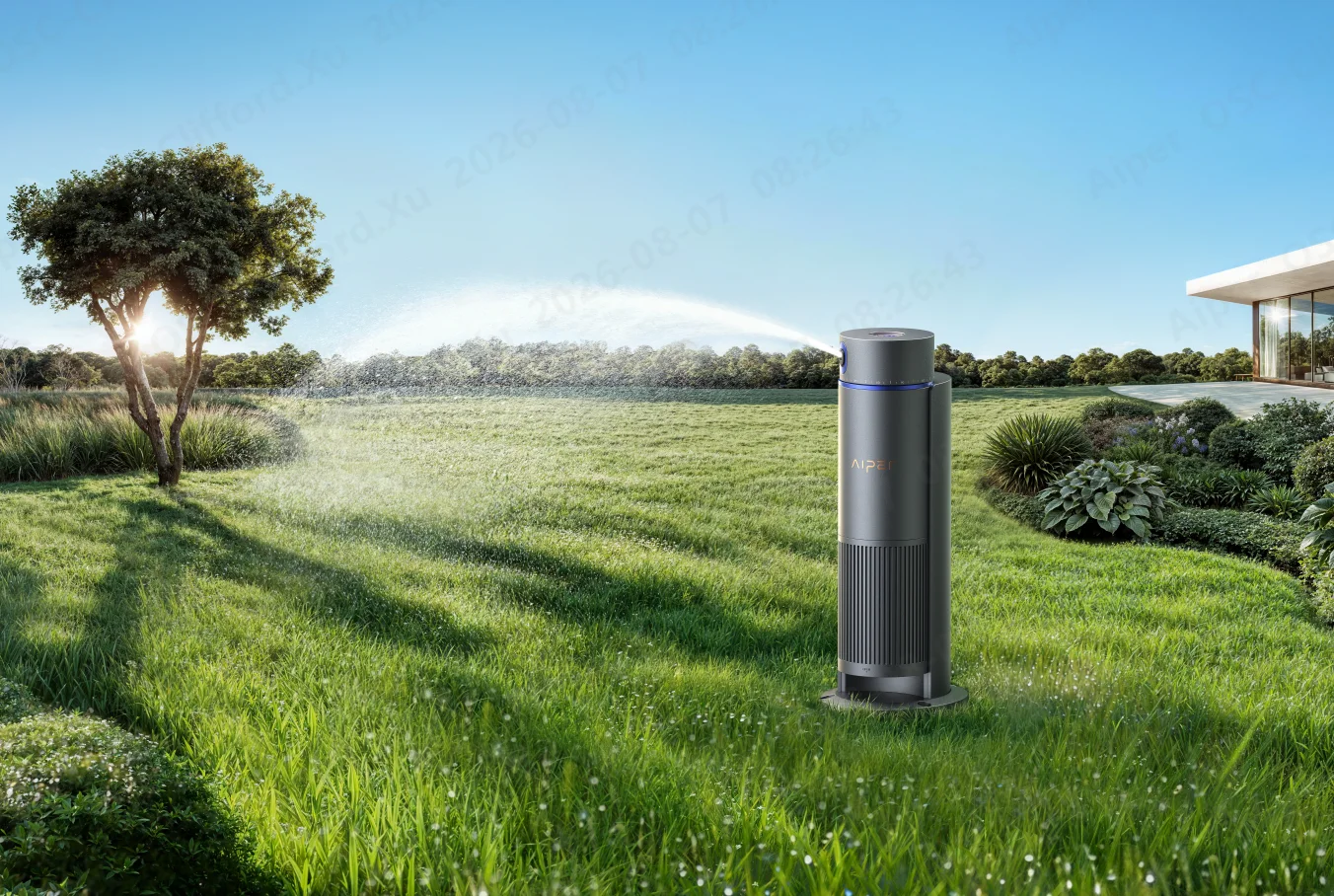 Smart irrigation controller saving water and money on a residential lawn with cost breakdown overlay