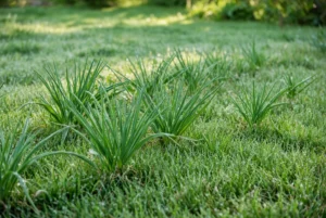 Wild garlic clumps with upright leaves in green lawn