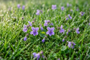 Wild violets with purple flowers spreading across lawn