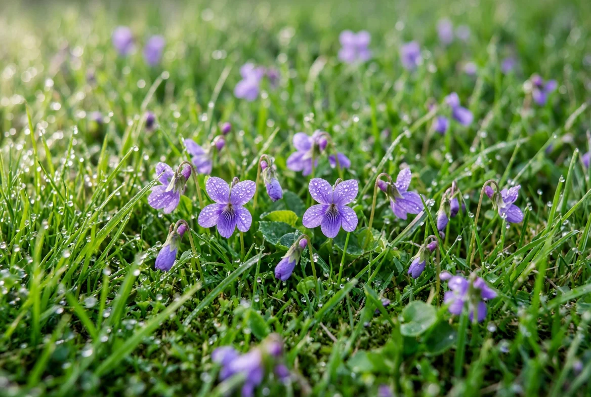 Wild violets with purple flowers spreading across lawn