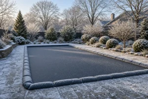 Winter pool cover sagging with standing water and snow accumulation