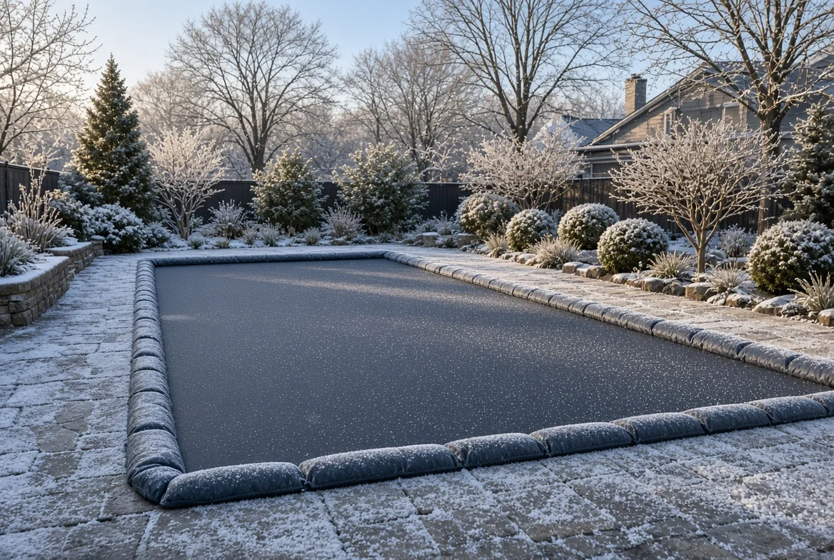 Winter pool cover sagging with standing water and snow accumulation