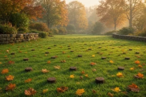 Aeration plugs and fallen leaves scattered across green lawn