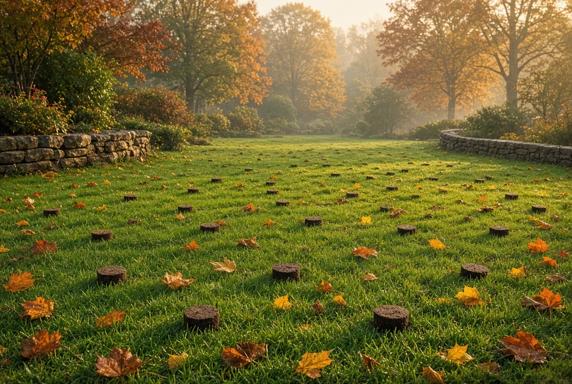 Aeration plugs and fallen leaves scattered across green lawn