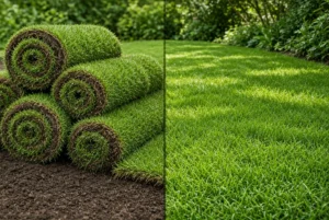 Artificial turf and natural grass compared side by side